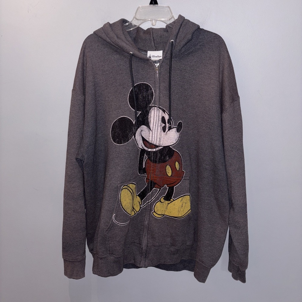 VTG Disney Parks Mickey Mouse Gray Unisex Adult‎ 2XL Hoodie Fleece Sweatshirt